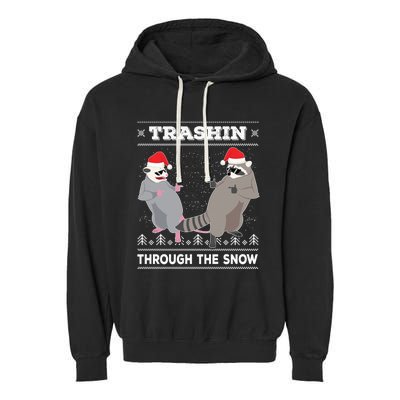 Trashin Through The Snow Garbage Gang Opossum Raccoon Santa Garment-Dyed Fleece Hoodie