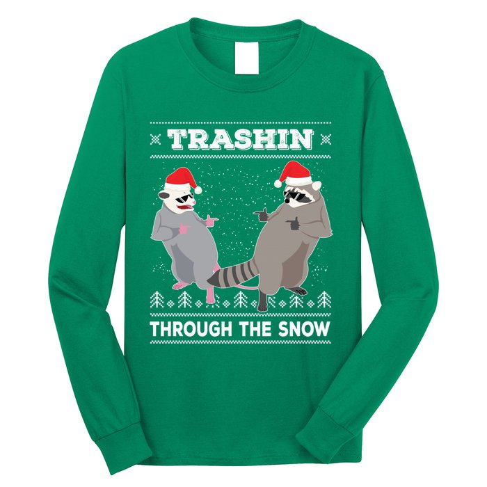 Trashin Through The Snow Garbage Gang Opossum Raccoon Santa Long Sleeve Shirt