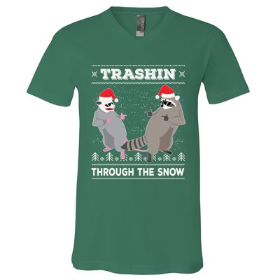 Trashin Through The Snow Garbage Gang Opossum Raccoon Santa V-Neck T-Shirt