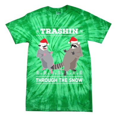 Trashin Through The Snow Garbage Gang Opossum Raccoon Santa Tie-Dye T-Shirt