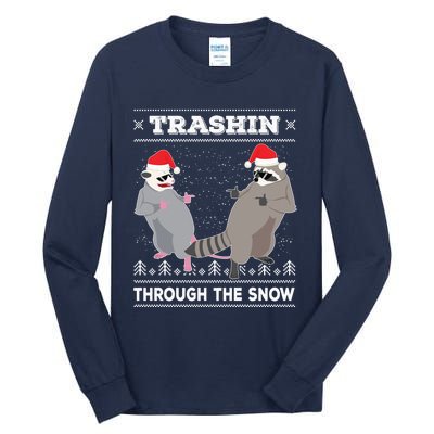 Trashin Through The Snow Garbage Gang Opossum Raccoon Santa Tall Long Sleeve T-Shirt