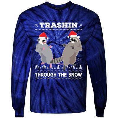 Trashin Through The Snow Garbage Gang Opossum Raccoon Santa Tie-Dye Long Sleeve Shirt