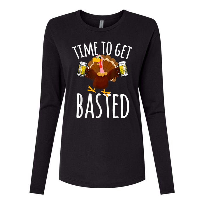 Turkey Time To Get Basted Retro Happy Thanksgiving Womens Cotton Relaxed Long Sleeve T-Shirt