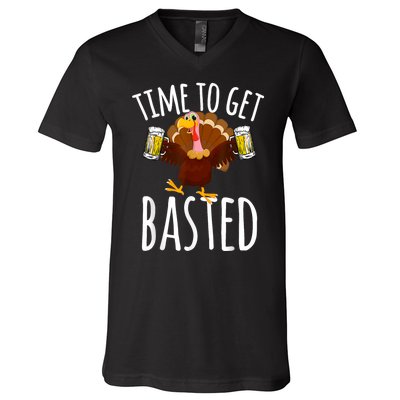 Turkey Time To Get Basted Retro Happy Thanksgiving V-Neck T-Shirt