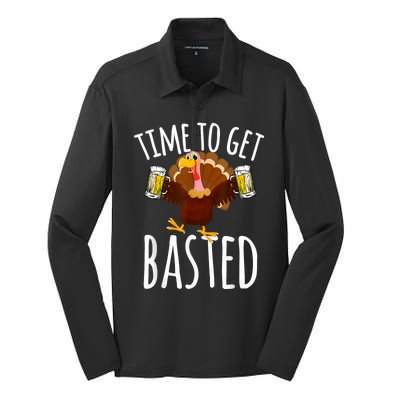 Turkey Time To Get Basted Retro Happy Thanksgiving Silk Touch Performance Long Sleeve Polo