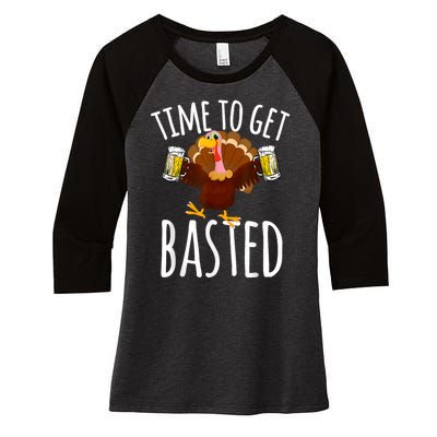 Turkey Time To Get Basted Retro Happy Thanksgiving Women's Tri-Blend 3/4-Sleeve Raglan Shirt