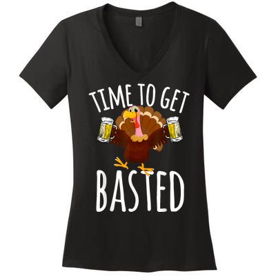 Turkey Time To Get Basted Retro Happy Thanksgiving Women's V-Neck T-Shirt