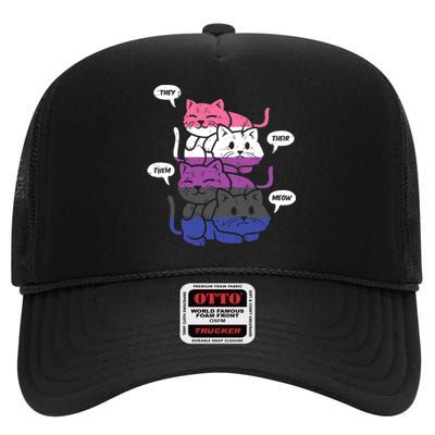 They Their Them Meow Cats Pronouns LGBTQ Genderfluid Flag High Crown Mesh Back Trucker Hat