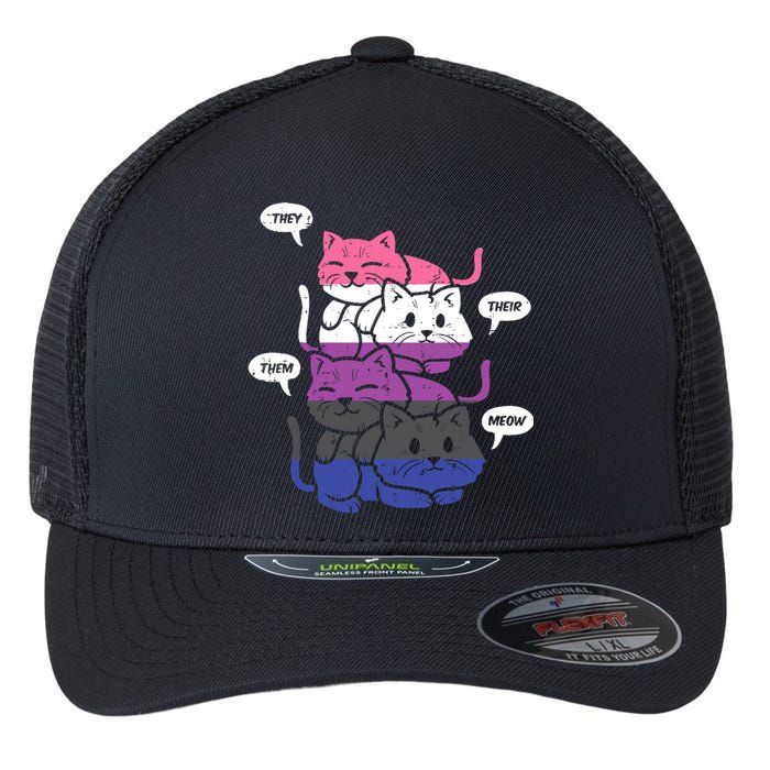 They Their Them Meow Cats Pronouns LGBTQ Genderfluid Flag Flexfit Unipanel Trucker Cap