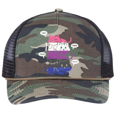 They Their Them Meow Cats Pronouns LGBTQ Genderfluid Flag Retro Rope Trucker Hat Cap