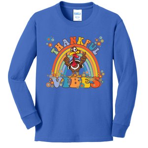 Thanksgiving Turkey Thankful Vibes Retro 70S Hippie Funny Gift Kids Long Sleeve Shirt