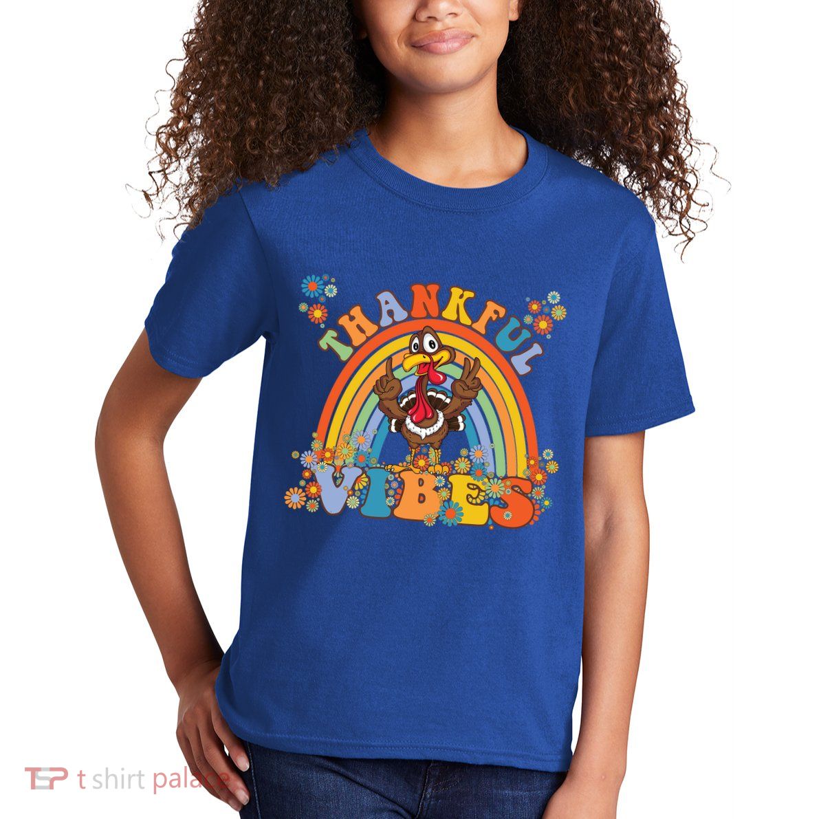Thanksgiving Turkey Thankful Vibes Retro 70S Hippie Funny Gift Kids T-Shirt