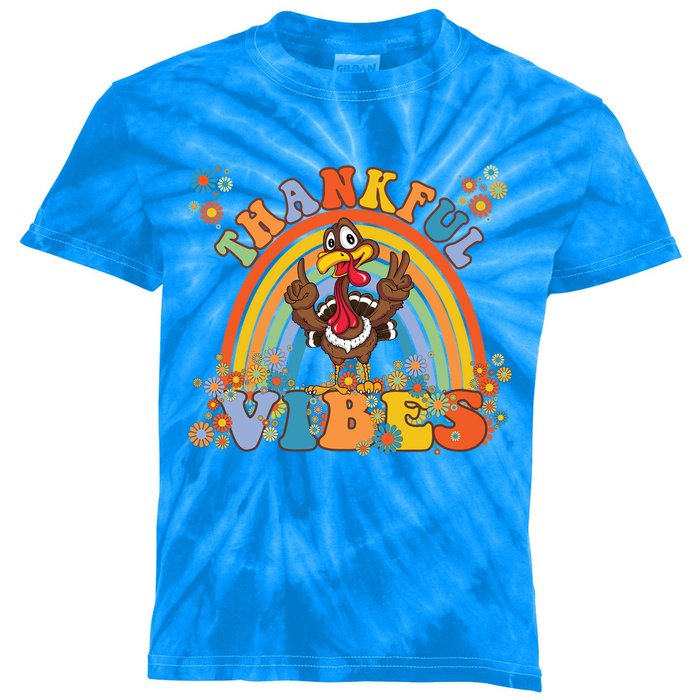 Thanksgiving Turkey Thankful Vibes Retro 70S Hippie Funny Gift Kids Tie-Dye T-Shirt