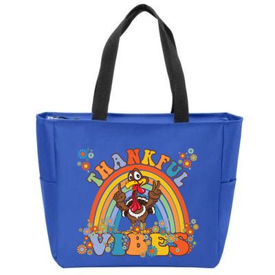 Thanksgiving Turkey Thankful Vibes Retro 70S Hippie Funny Gift Zip Tote Bag