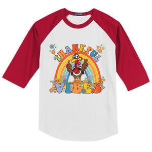 Thanksgiving Turkey Thankful Vibes Retro 70S Hippie Funny Gift Kids Colorblock Raglan Jersey