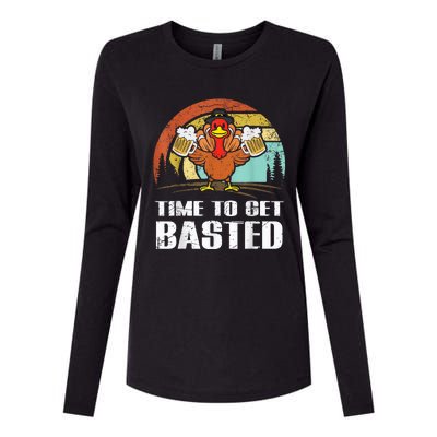 Turkey Time To Get Basted Retro Happy Thanksgiving Womens Cotton Relaxed Long Sleeve T-Shirt