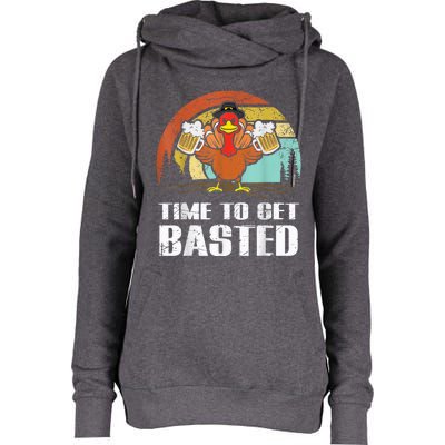 Turkey Time To Get Basted Retro Happy Thanksgiving Womens Funnel Neck Pullover Hood