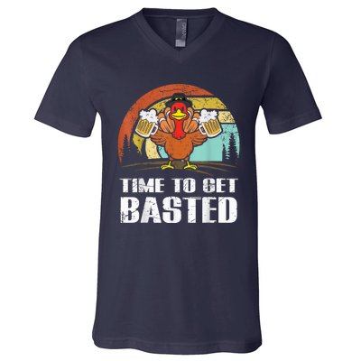 Turkey Time To Get Basted Retro Happy Thanksgiving V-Neck T-Shirt