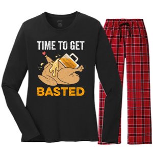 Turkey Time To Get Basted Beer Thanksgiving Turkey Women's Long Sleeve Flannel Pajama Set 