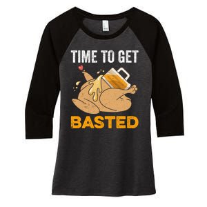 Turkey Time To Get Basted Beer Thanksgiving Turkey Women's Tri-Blend 3/4-Sleeve Raglan Shirt