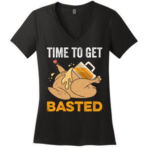 Turkey Time To Get Basted Beer Thanksgiving Turkey Women's V-Neck T-Shirt