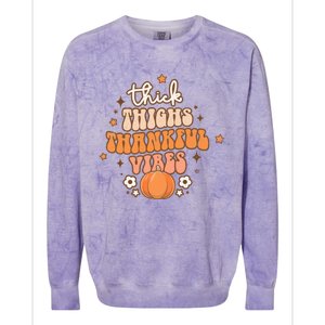 Thick Thighs Thankful Vibes Retro Wavy Flowers Pumpkin Fall Gift Colorblast Crewneck Sweatshirt