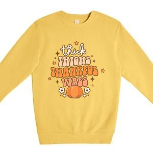 Thick Thighs Thankful Vibes Retro Wavy Flowers Pumpkin Fall Gift Premium Crewneck Sweatshirt