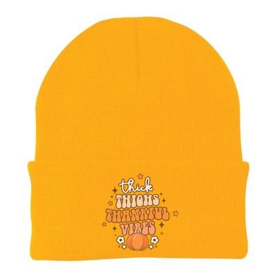 Thick Thighs Thankful Vibes Retro Wavy Flowers Pumpkin Fall Gift Knit Cap Winter Beanie