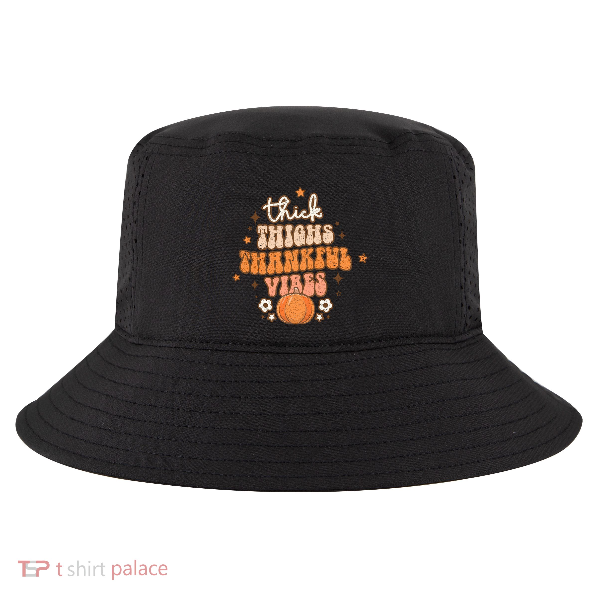 Thick Thighs Thankful Vibes Retro Wavy Flowers Pumpkin Fall Gift Cool Comfort Performance Bucket Hat