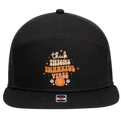 Thick Thighs Thankful Vibes Retro Wavy Flowers Pumpkin Fall Gift 7 Panel Mesh Trucker Snapback Hat