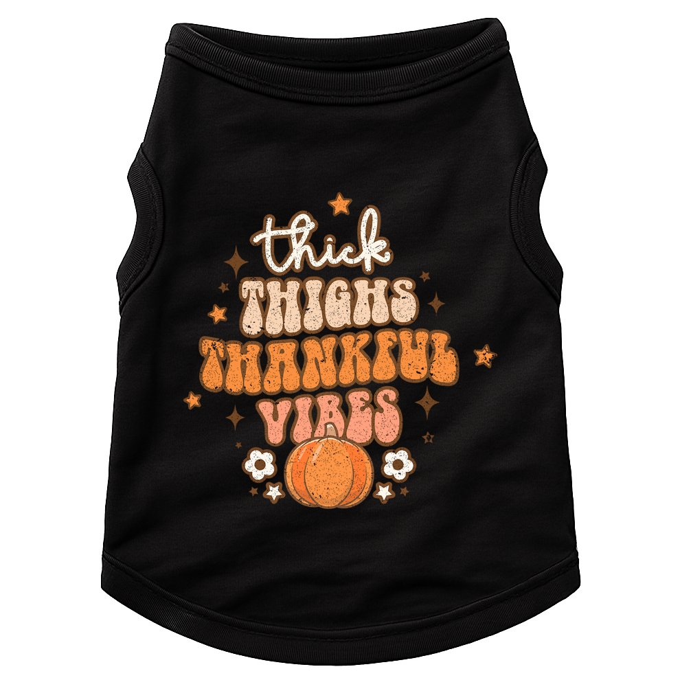 Thick Thighs Thankful Vibes Retro Wavy Flowers Pumpkin Fall Gift Doggie Tank
