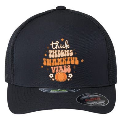 Thick Thighs Thankful Vibes Retro Wavy Flowers Pumpkin Fall Gift Flexfit Unipanel Trucker Cap