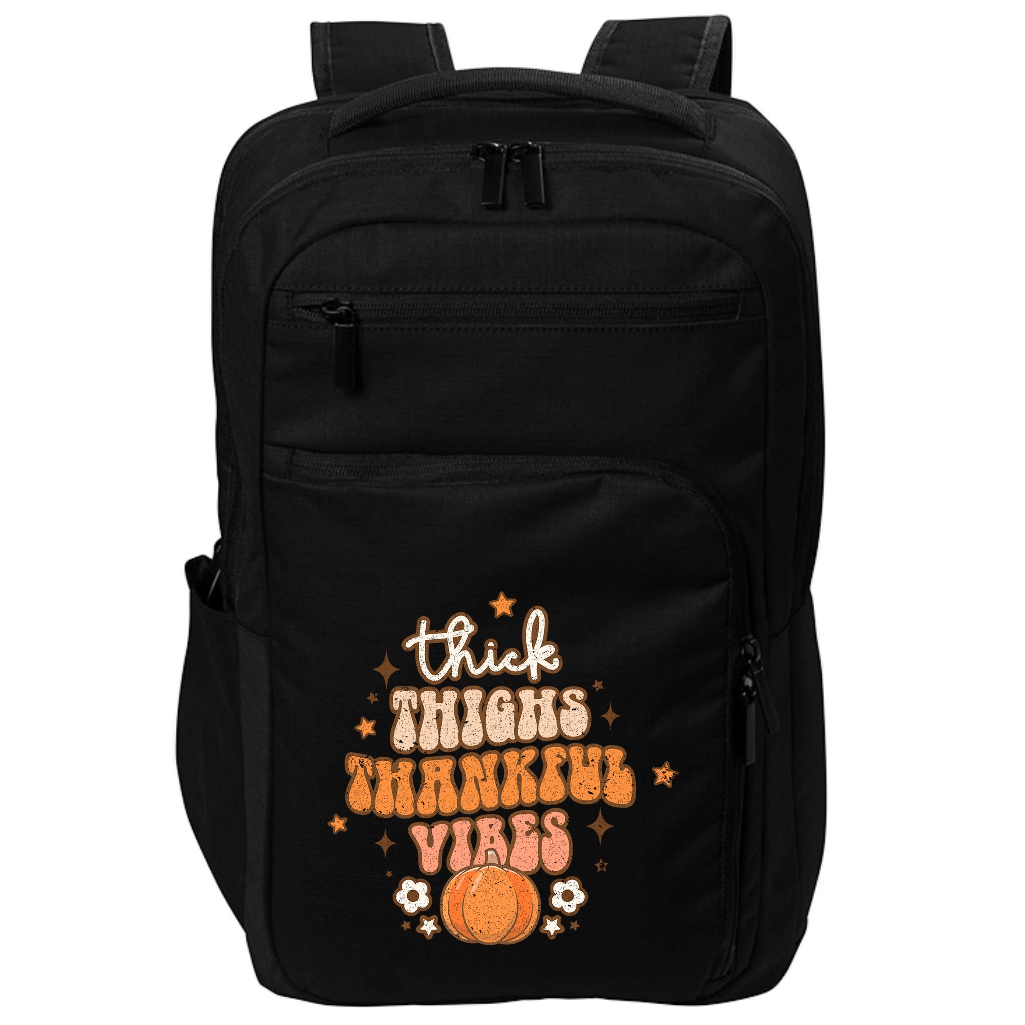Thick Thighs Thankful Vibes Retro Wavy Flowers Pumpkin Fall Gift Impact Tech Backpack