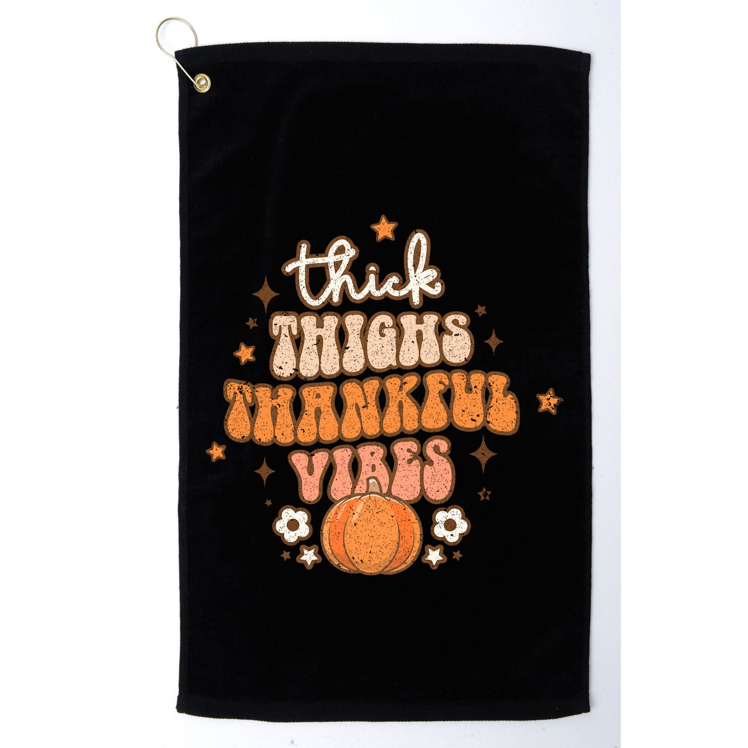 Thick Thighs Thankful Vibes Retro Wavy Flowers Pumpkin Fall Gift Golf Towel