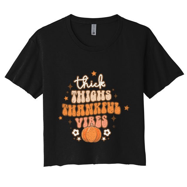 Thick Thighs Thankful Vibes Retro Wavy Flowers Pumpkin Fall Gift Crop Top