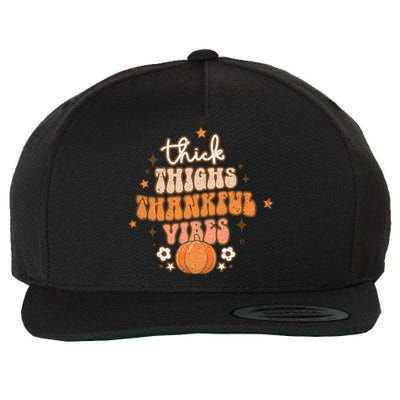 Thick Thighs Thankful Vibes Retro Wavy Flowers Pumpkin Fall Gift Wool Snapback Cap