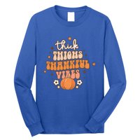 Thick Thighs Thankful Vibes Retro Wavy Flowers Pumpkin Fall Gift Long Sleeve Shirt