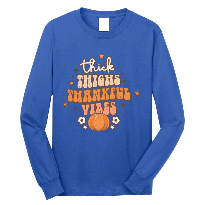 Thick Thighs Thankful Vibes Retro Wavy Flowers Pumpkin Fall Gift Long Sleeve Shirt