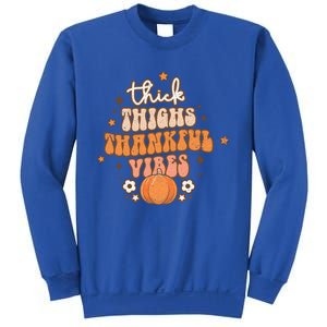 Thick Thighs Thankful Vibes Retro Wavy Flowers Pumpkin Fall Gift Sweatshirt