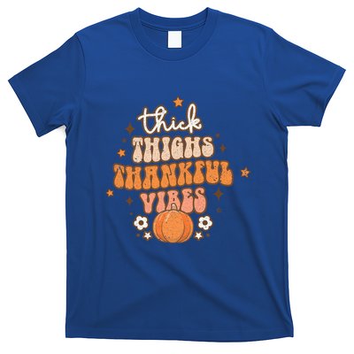 Thick Thighs Thankful Vibes Retro Wavy Flowers Pumpkin Fall Gift T-Shirt