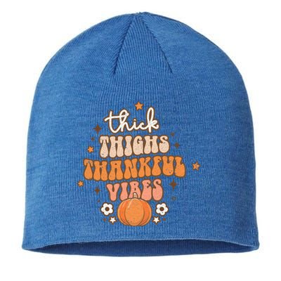 Thick Thighs Thankful Vibes Retro Wavy Flowers Pumpkin Fall Gift Sustainable Beanie