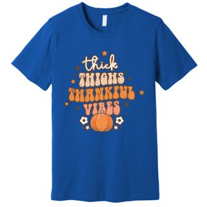 Thick Thighs Thankful Vibes Retro Wavy Flowers Pumpkin Fall Gift Premium T-Shirt