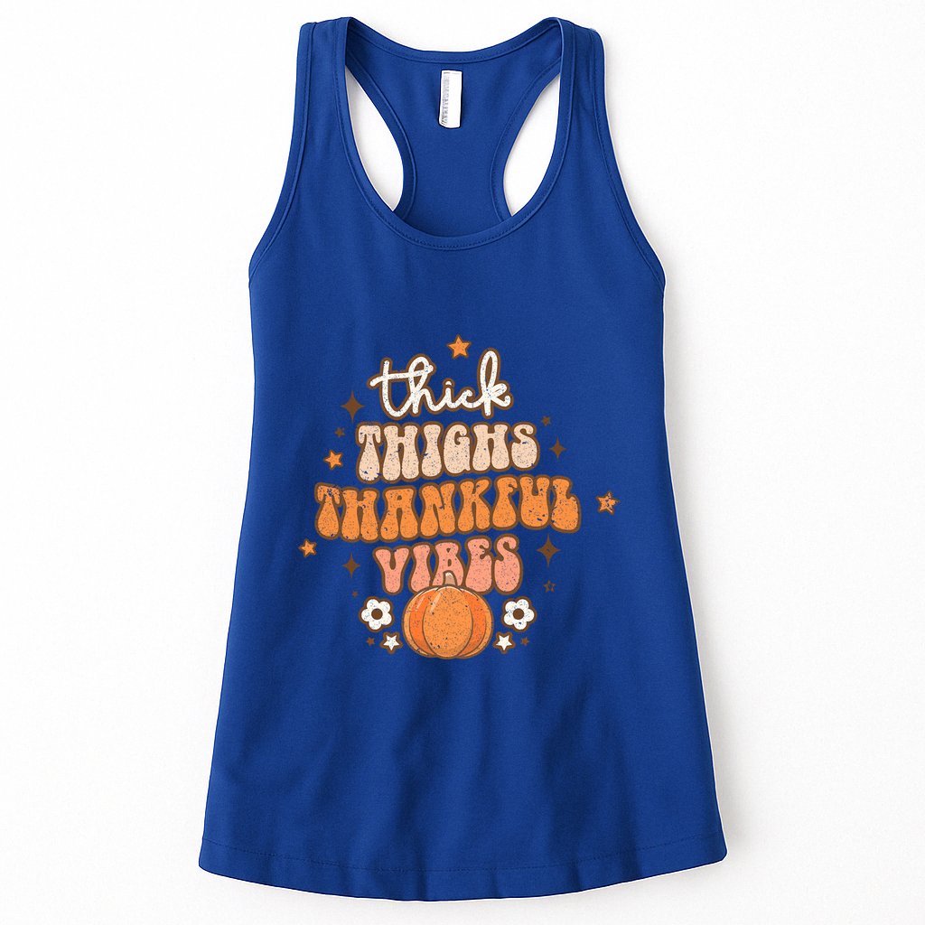 Thick Thighs Thankful Vibes Retro Wavy Flowers Pumpkin Fall Gift Womens Tank Top