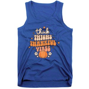 Thick Thighs Thankful Vibes Retro Wavy Flowers Pumpkin Fall Gift Tank Top