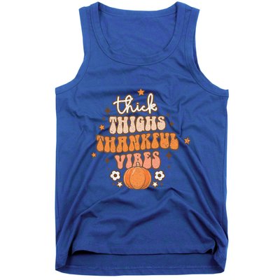 Thick Thighs Thankful Vibes Retro Wavy Flowers Pumpkin Fall Gift Tank Top