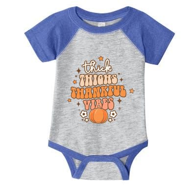 Thick Thighs Thankful Vibes Retro Wavy Flowers Pumpkin Fall Gift Infant Baby Jersey Bodysuit