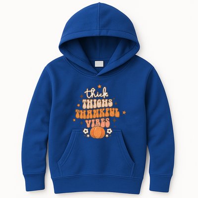 Thick Thighs Thankful Vibes Retro Wavy Flowers Pumpkin Fall Gift Kids Hoodie