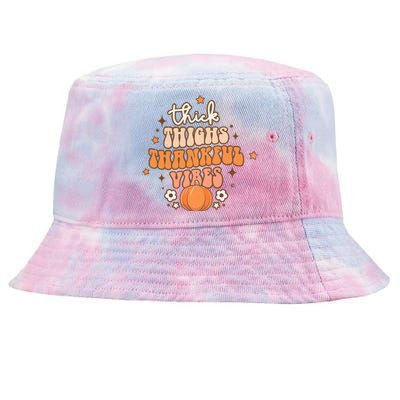 Thick Thighs Thankful Vibes Retro Wavy Flowers Pumpkin Fall Gift Tie-Dyed Bucket Hat