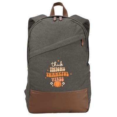 Thick Thighs Thankful Vibes Retro Wavy Flowers Pumpkin Fall Gift Cotton Canvas Backpack