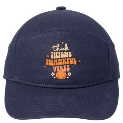 Thick Thighs Thankful Vibes Retro Wavy Flowers Pumpkin Fall Gift 7-Panel Snapback Hat